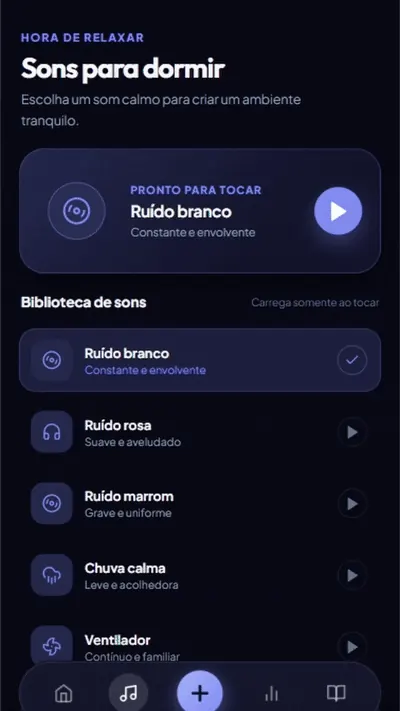 Demonstração das músicas e sons para dormir no aplicativo